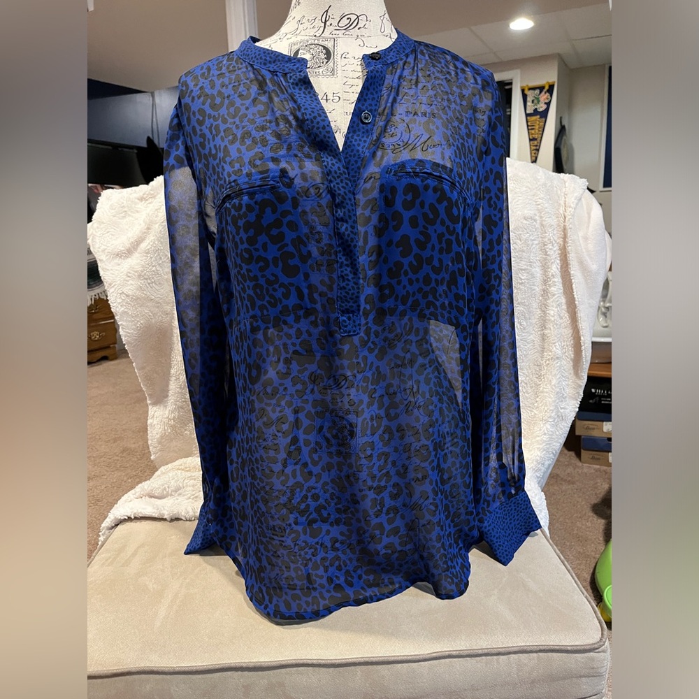 Women’s sheer blue and black leopard print blouse